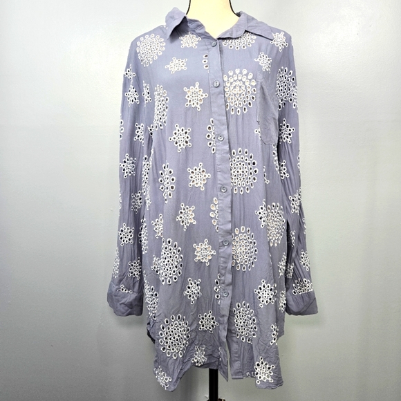 Elan Blue Eyelet Boyfriend Button Down Swim‎ Cover Up Womens Size Large - Picture 1 of 11